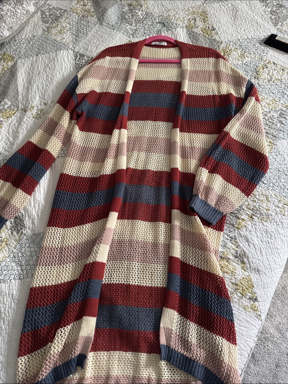 Open-Front Long Striped Knit Cardigan - Rust, Blue & Cream, 3/4 length